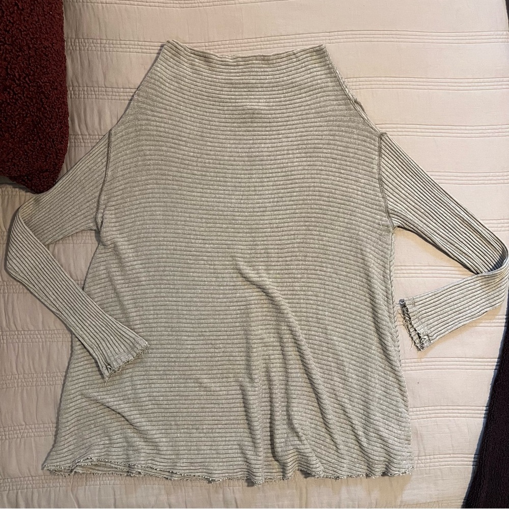 We The Free Lover Tan Gray Ribbed Knit Long Sleeve Top Mock Cowl Slit Back